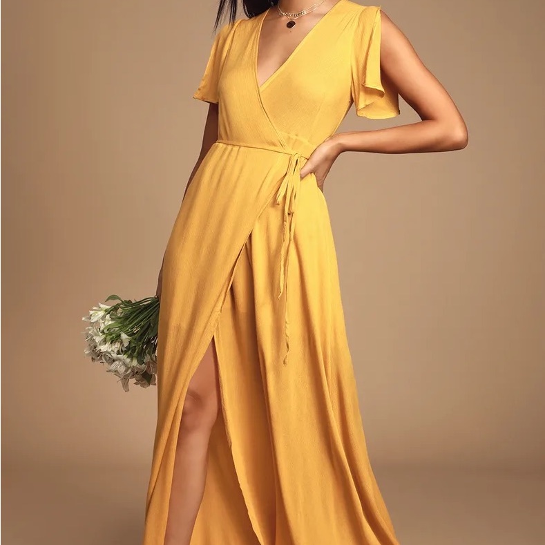 LULUS Much Obliged Golden Yellow maxi wrap dress